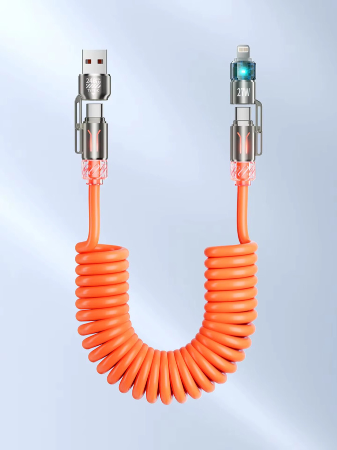 VBNM 4-in-1 Multifunktionales Auto-Schnellladekabel mit einziehbarem Kabel, 240W, Orange, USB-C und Lightning für iPhone und Samsung Galaxy - Bild 6