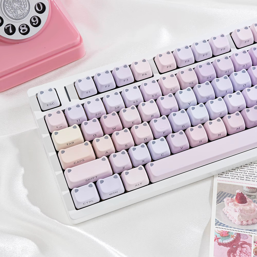 Jaycomia Katzen-Keycaps Set mit 116 Tasten aus PBT-Material für mechanische Tastaturen, 5-seitige Beleuchtung, Schwarz Lila Wasserrosa Kätzchen Design - Bild 2