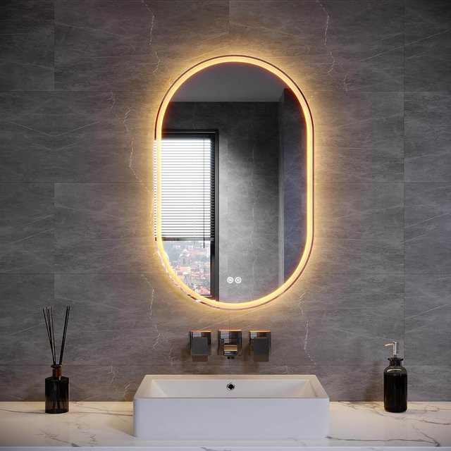 SONNI LED Wandspiegel Oval in Schwarz mit drei Lichtarten, Antibeschlag, Steckdose und Touch-Schalter - Bild 1