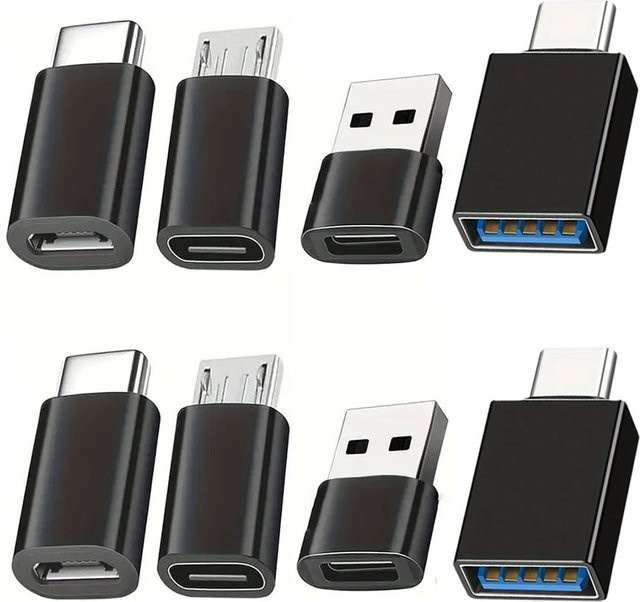 8-teiliges USB-Adapter-Set in Schwarz mit USB-C und Micro-USB Konvertern für Laptop und Auto - Bild 1