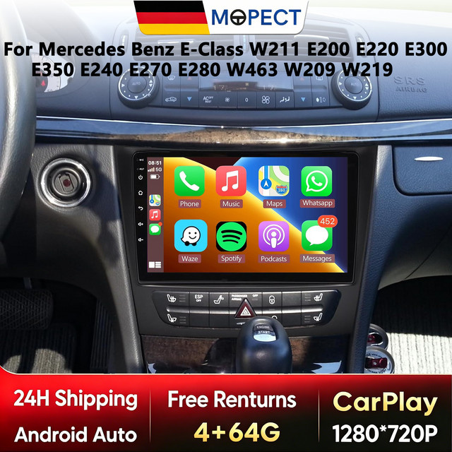MOPECT Android 15 Autoradio mit Carplay und 4G für Mercedes Benz E-Klasse W211 E200 E220 E300 E350 E240 E270 E280 W463 W209 W219, 4GB RAM + 128GB Speicher, Schwarz - Bild 1