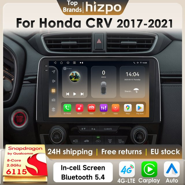 Hizpo Android 14 Autoradio für Honda CR-V 2017–2021 mit Qualcomm Snapdragon 611 8Core, 2Din Multimedia System mit GPS, 4G, Carplay und AI Auto in Schwarz - Bild 1