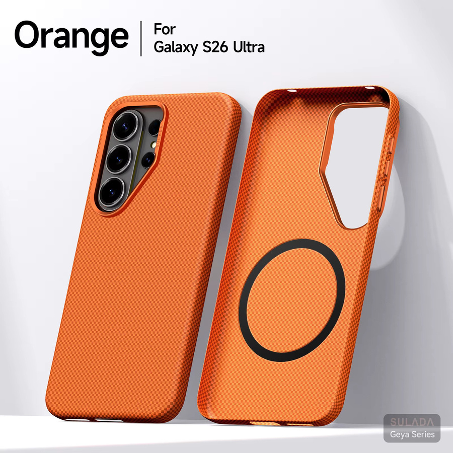 Sturzsichere Business-Schutzhülle mit Kevlar-Muster und MagSafe-Kompatibilität für Samsung Galaxy S26 Ultra Plus in Blau und Orange - Bild 4