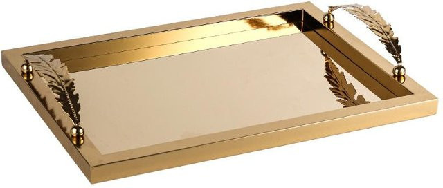 Nordic Light Luxury Dekorative Metallplatte in Beige und Gold mit Feder-Art-Design, Rechteckiges Teetablett für deine Dekoration, Breite: 35,0 cm, Tiefe: 45,0 cm - Bild 1