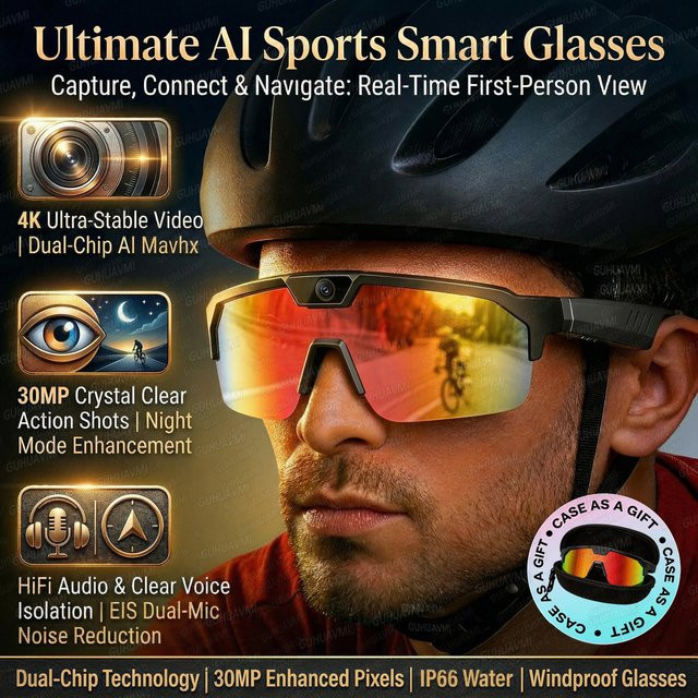 GUHUAVMI KI-Smart-Brille mit ChatGPT, 1200P Kamera, 30MP Anti-Shake Videofunktion und Dual-Mikrofon, Schwarz - Bild 1