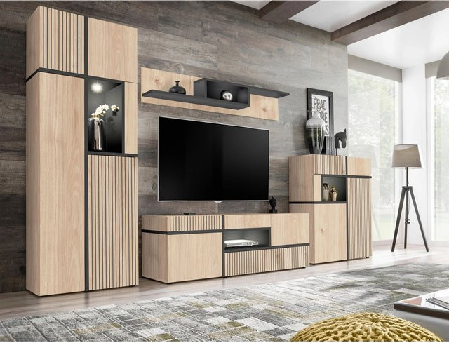 Premium Living Wohnwand Cross modern in Schwarz/Hickory mit Lowboard, Wandschrank und offenen Regalen, B/T/H: 330 x 50 x 195 cm - Bild 1