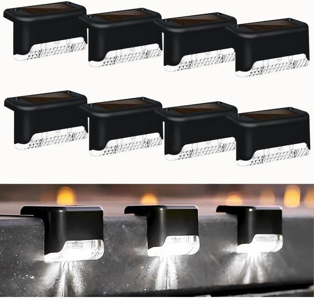 RisingFF Set mit 8 LED-Solarleuchten für den Außenbereich in Schwarz mit kühlem weißem Licht für Terrasse und Treppen - Bild 1