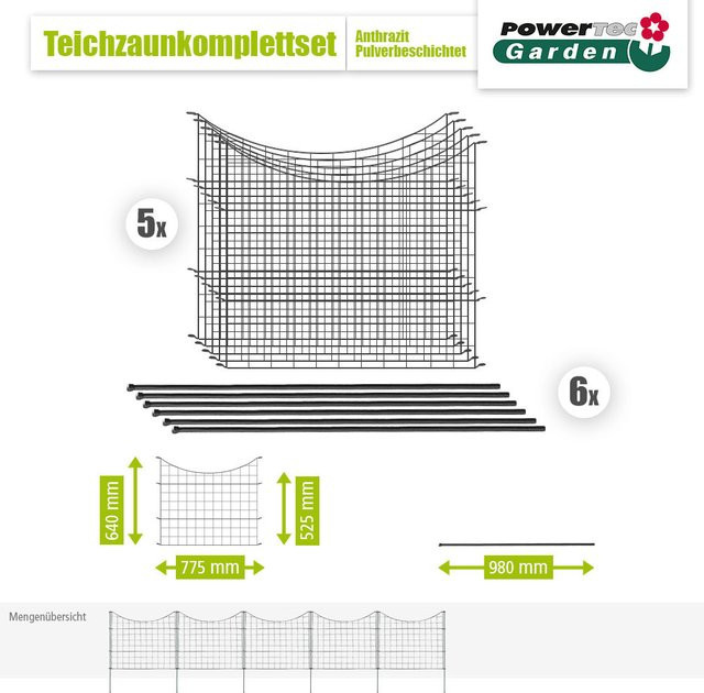 11tlg. Teichzaun Unterbogen in Anthrazit, B: 390 cm, H: 52,5 cm - Bild 1