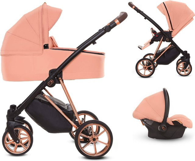 TPFLiving 3in1 Kinderwagen Ultra Stoff in Apricot mit Gestell in Roségold - Bild 1