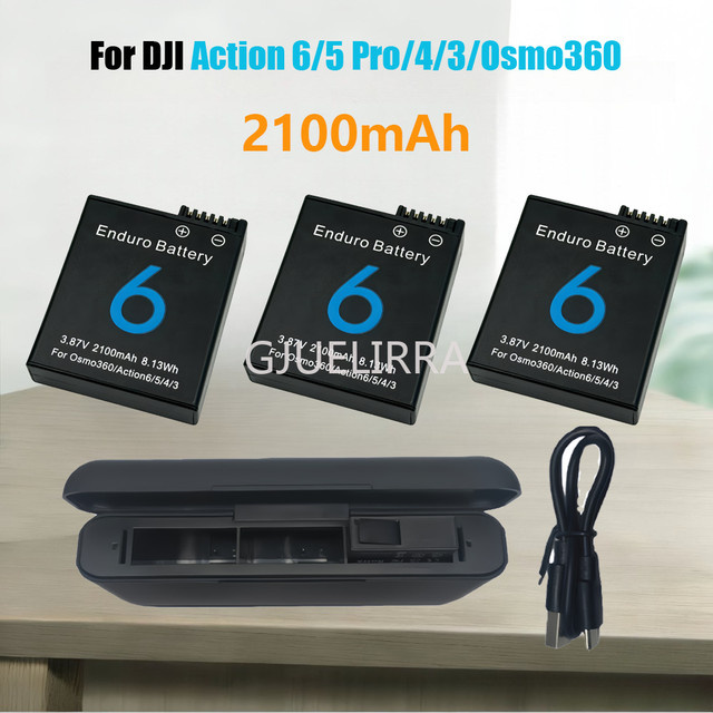 DJI Akku mit 2100mAh und 3-Slot-Ladegerät für DJI Osmo Action 5 Pro, 4 und 3 sowie Osmo 360 Sportkameras in Schwarz - Bild 1