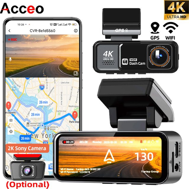 Acceo 4K Dashcam mit WLAN und GPS, Dual-Objektiv mit 2.5K Rückfahrkamera, Nachtsicht und 24H Parküberwachung, Black Box Videorekorder in Schwarz - Bild 1