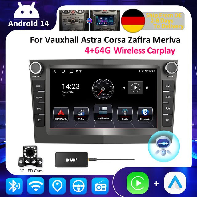 ESSGOO Android 14 Autoradio mit Wireless CarPlay, 4+64G, für Opel Astra Vectra Vauxhall Antara Zafira Corsa C D Vivaro Meriva - Bild 1