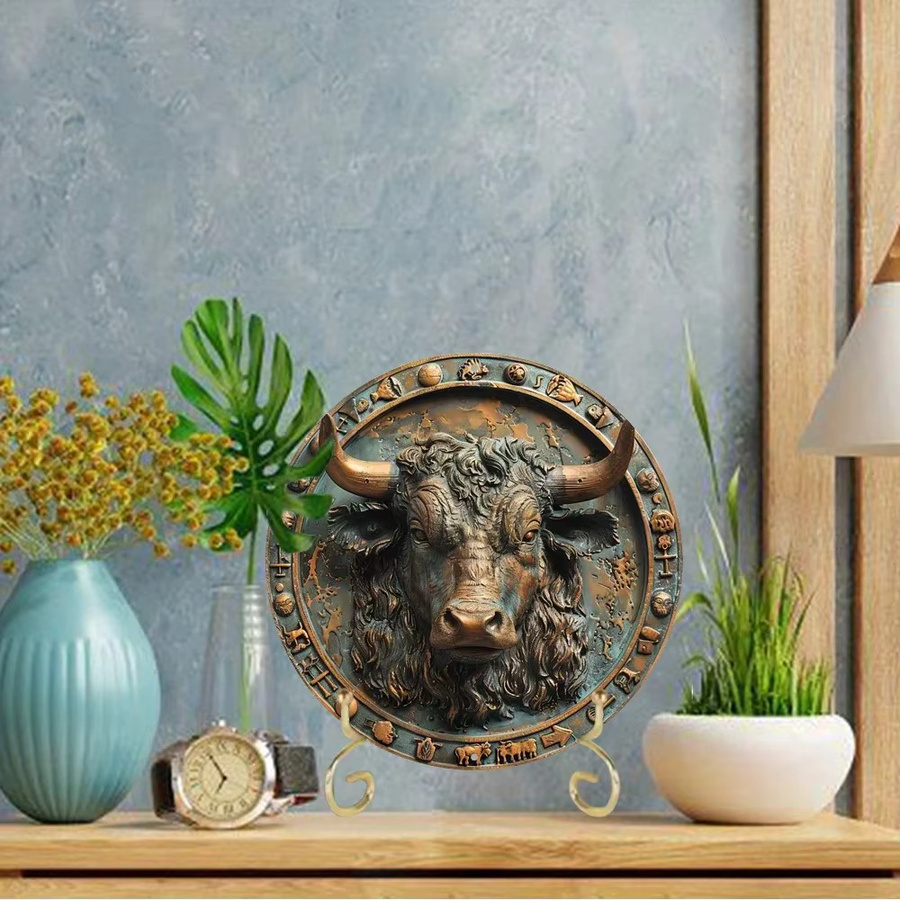CIFBUY Vintage Sternzeichen Ochse Wandkunst aus Aluminium, rundes Metallschild für Zuhause und Büro, Durchmesser: 20 cm - Bild 2