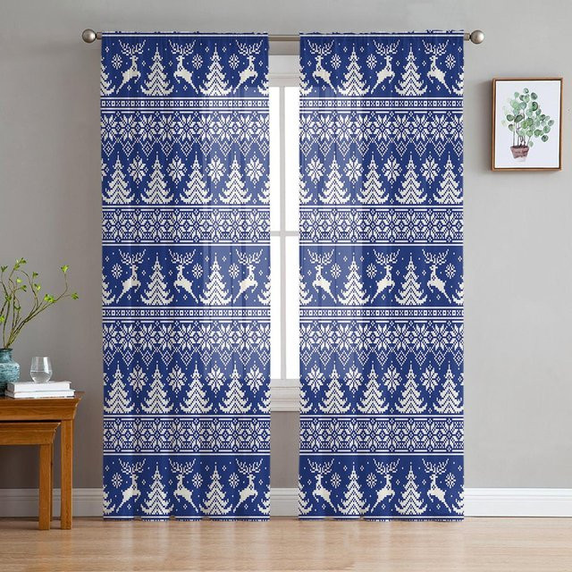 A Family Of Home Textiles Weihnachts-Tüllvorhang mit Schneeflocken und Weihnachtsbaum in Blau, transparent, Breite: 135 cm, Höhe: 114 cm - Bild 1
