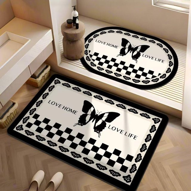 Schnelltrocknende und rutschfeste Badezimmer-Bodenmatte aus Polyester in Weiß, Set bestehend aus einer rechteckigen Matte (Breite: 60 cm, Tiefe: 40 cm) und einer ovalen Matte (Breite: 60 cm, Tiefe: 40 cm) - Bild 1