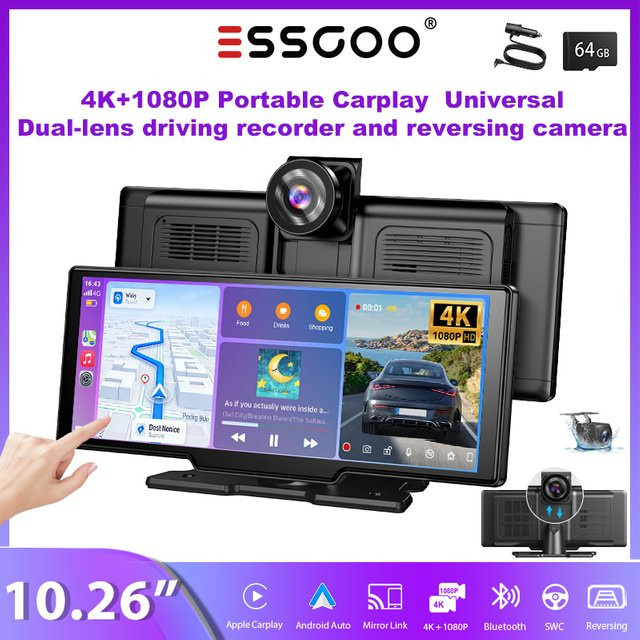 ESSGOO Tragbares Autoradio mit 10,26 Zoll 4K Touchscreen, kabelloses CarPlay, Android Auto, Bluetooth, Mirror Link und Dual-Lens Dashcam inklusive Rückfahrkamera in Schwarz - Bild 1