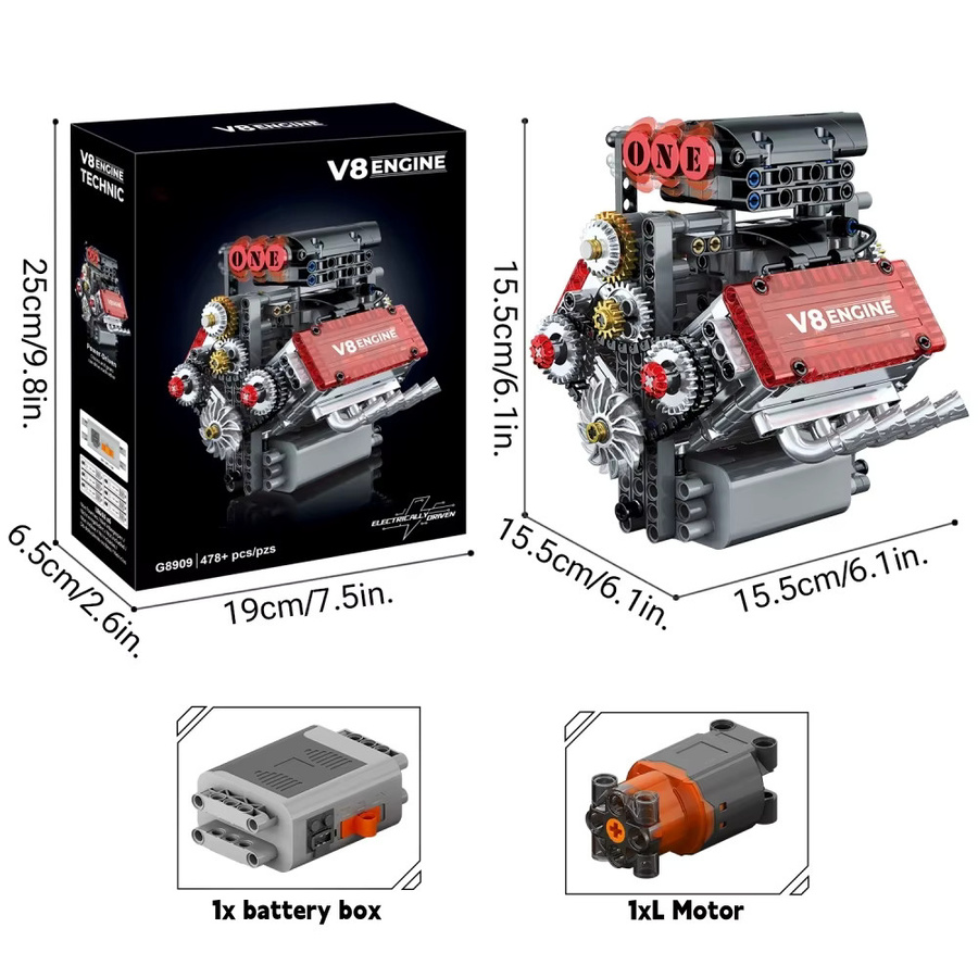 HUATEC V8 Motor Modell Bausteine Set, mit Elektromotor, 478 Teile - Bild 6