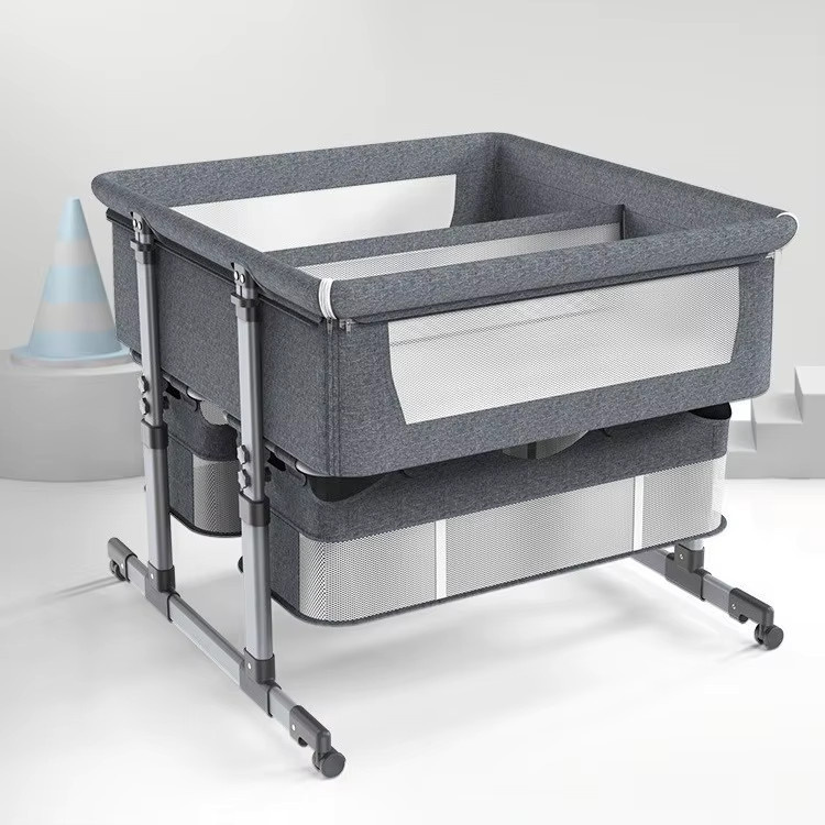 Pakey Zwillings-Kinderbett als Beistellbett und Wiege für Neugeborene, höhenverstellbar mit Drop-Side und Seitentaschen, Beige oder Grau - Bild 3