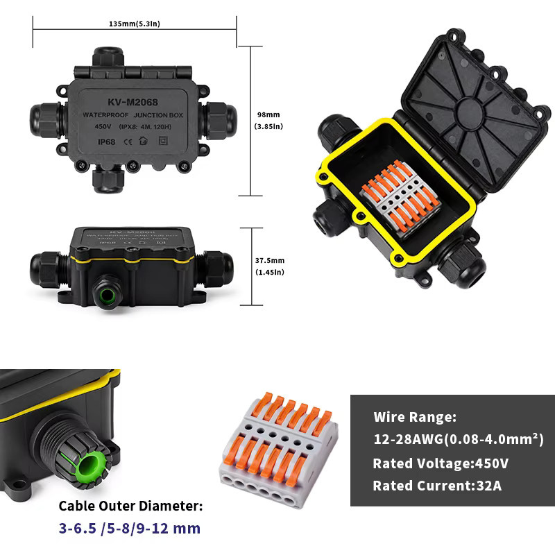 Wasserdichte Anschlussdose IP68 in Schwarz mit 2-8 Wegen und 6-poliger Ausführung für elektrische Kabelverbinder, 32A, 450V, 0,08-4,0mm² Kabelspleiß für Außenbeleuchtung - Bild 6