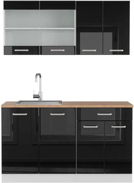 Vicco R-Line Singleküche modern in Schwarz Hochglanz und Weiß mit Eiche, Breite: 140 cm - Bild 1
