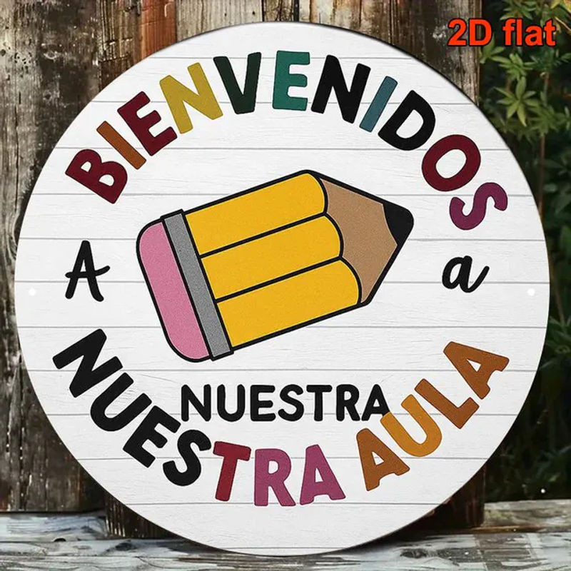 Rundes Vintage-Willkommensschild aus Metall in Weiß mit spanischem Slogan Bienvenidos a Nuestra Aula, Durchmesser: 20,32 cm - Bild 1