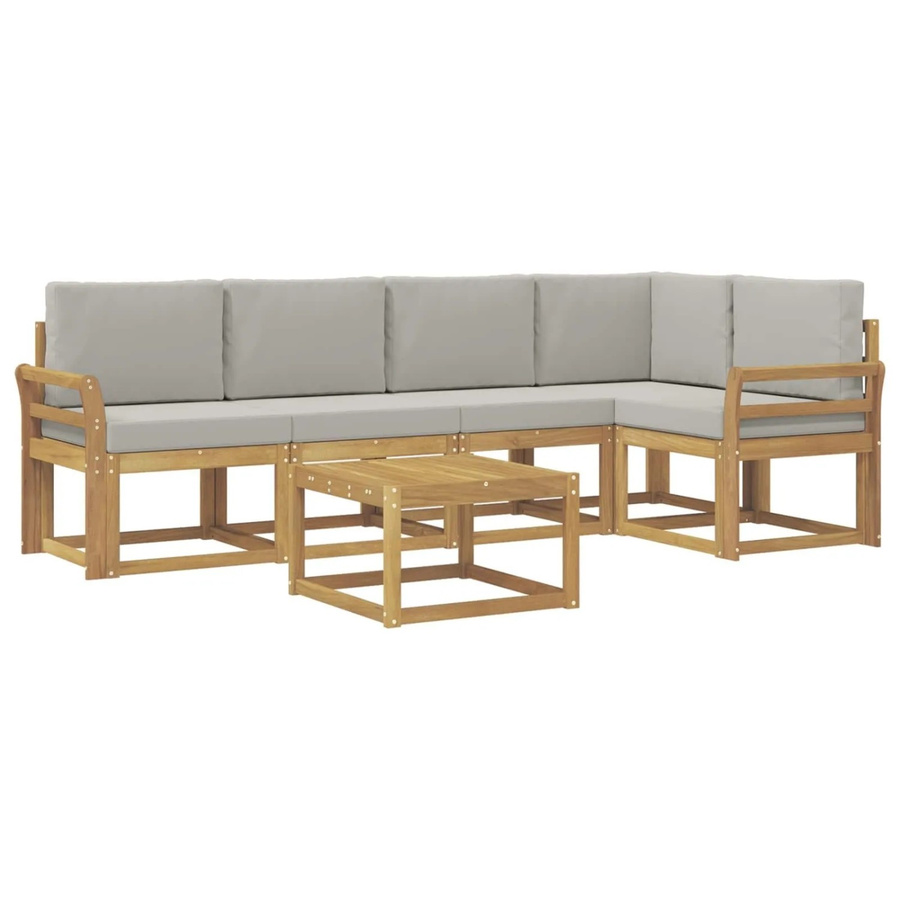 vidaXL Outdoor-Sofagarnitur 6-teilig in L-Form aus Akazienholz mit Polstern in Weiß und Hellgrau - Bild 2