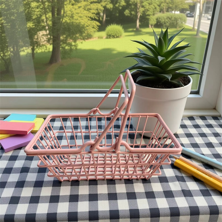 Mini-Aufbewahrungskorb im nordischen Stil mit Griff, Desktop-Organizer aus Kunststoff in Pink - Bild 3