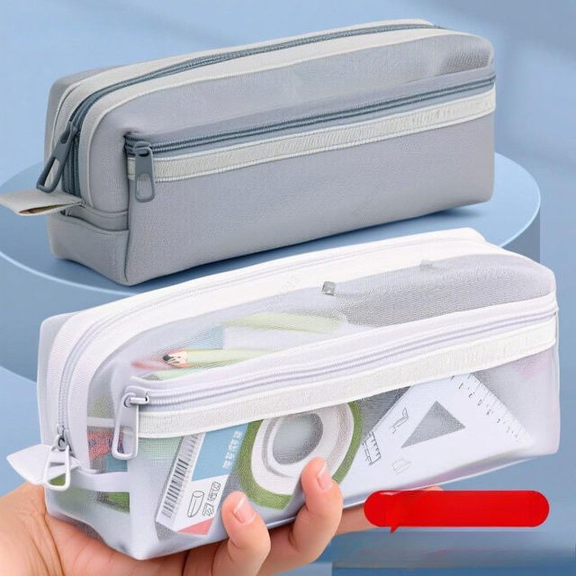 Transparentes Federmäppchen aus Netzstoff mit Gittermuster in Pink als multifunktionales Bleistiftetui und Make-up-Tasche - Bild 1
