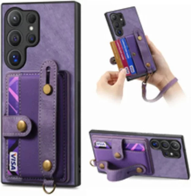 Handgelenkschlaufe Handyhülle mit Wallet Card Holder für Samsung Galaxy S25 S24 Plus S23 FE S22 Ultra A55 A35 A25 A15 A05 A06 A16 A36 in Schwarz und Lila - Bild 1