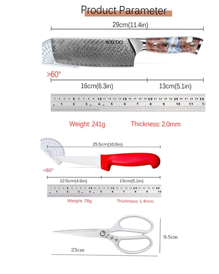 WXCOO Damaskus Küchenmesser und Küchenschere Set aus VG10 Stahl in Silber mit Holzgriff - Bild 5