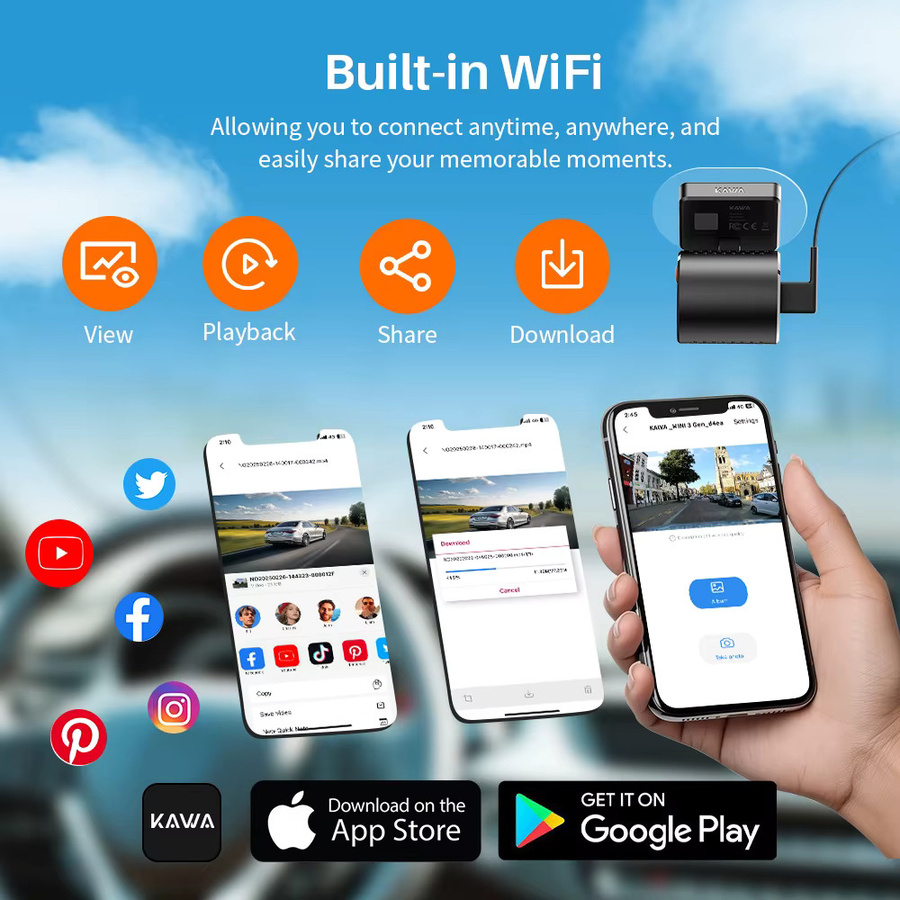 KAWA Tiny Dashcam MINI3 Gen2 Auto-DVR-Kamera mit 2K Auflösung, WiFi, App- und Sprachsteuerung sowie Nachtsicht in Schwarz - Bild 3