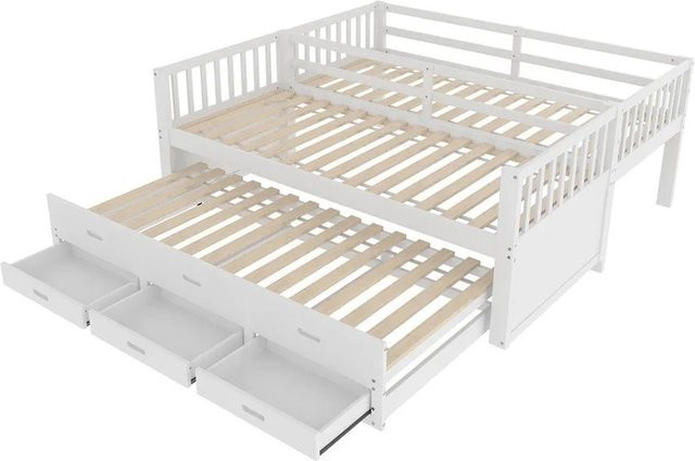 KOMHTOM Etagenbett für Kinder aus Kiefernholz und MDF mit Ausziehbett, 3 Schubladen und Leiter in Weiß, B/T/H: 90 x 200 x 160 cm - Bild 1