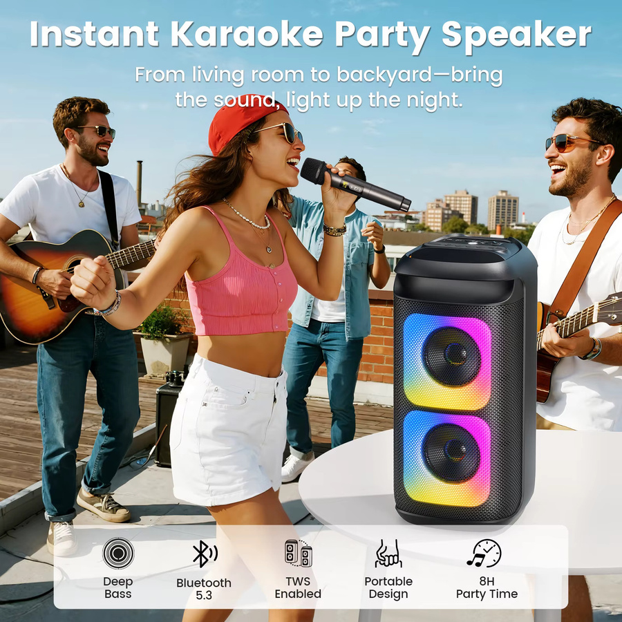 FanFun T37 Karaoke-Maschine in Schwarz mit 2 kabellosen Mikrofonen und Dual-8-Zoll-Subwoofern, tragbare Bluetooth Karaoke-Boombox - Bild 5