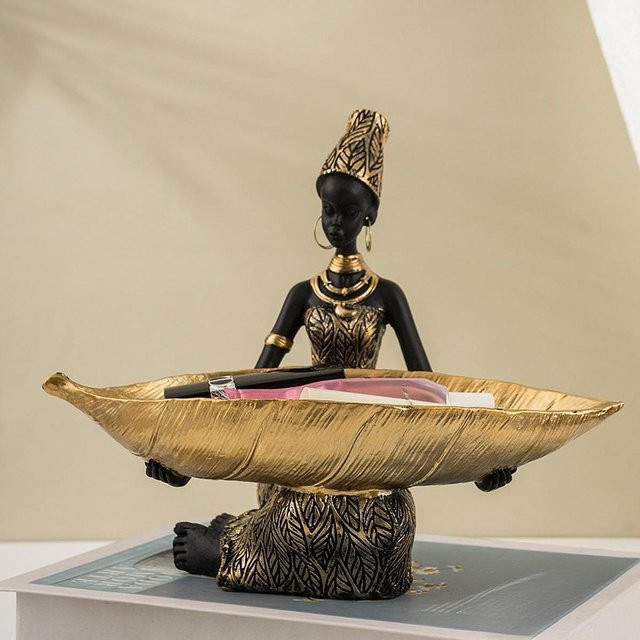 MagiDeal Harz-Ornament Afrikanische Frau als Skulptur mit Ablagefach und Schlüsselhalter in Schwarz - Bild 1