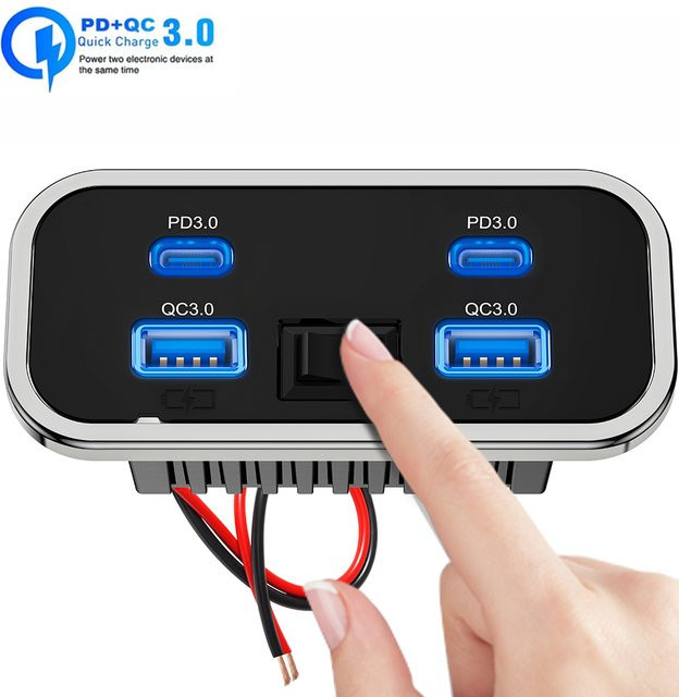 kebidumei Autoladegerät Steckdosenleiste mit 4 Ports, PD3.0 Typ-C Schnellladung & QC3.0, 12V/24V Ladeadapter für Auto, Bus, RV und LKW, Schwarz - Bild 1