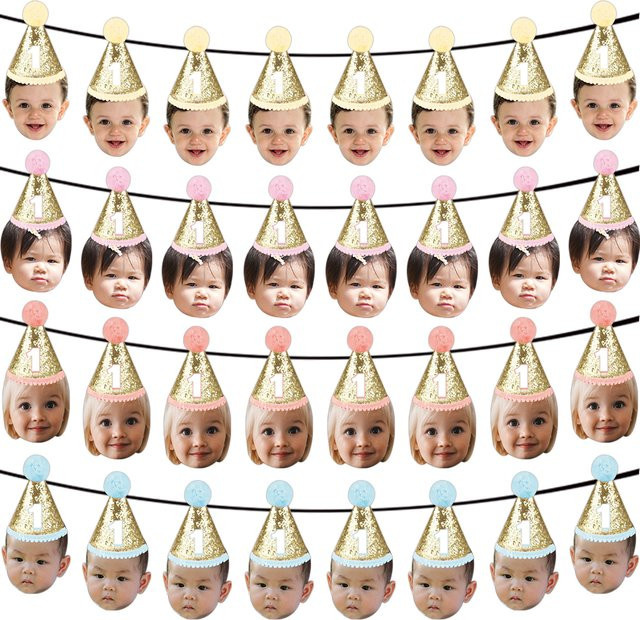 Joy-enlife Personalisierte Geburtstag Banner mit Foto-Motiv als Party-Dekoration für Kinder, Glitzer-Design in Rosa, Blau, Lila oder Gold - Bild 1
