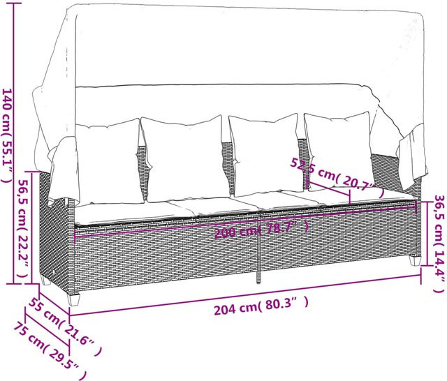 Sonnenliege mit Baldachin und Kissen von VD Home Furnishing in Braun aus Poly-Rattan mit verstellbarer Kopfstütze - Bild 1