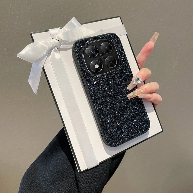 Luxuriöse Glitzer-Handyhülle für Xiaomi Redmi Note 14 15 4G 5G Pro aus weichem Kunstleder in Schwarz mit Diamantoptik - Bild 1