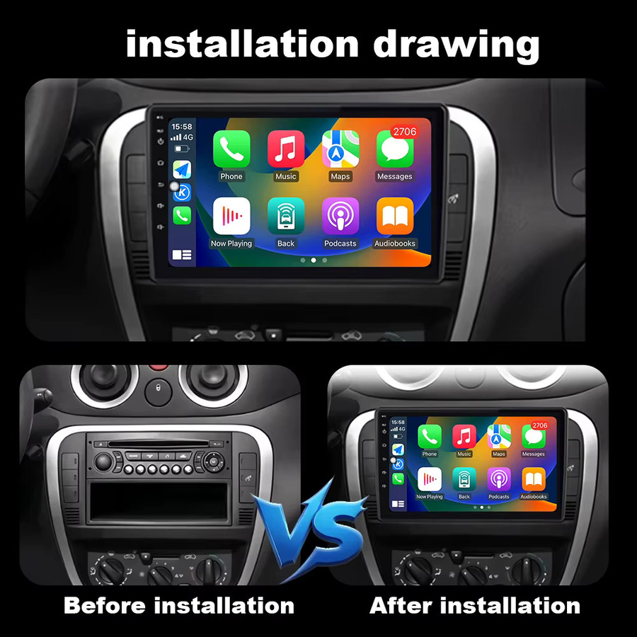 KJ-NAVI Android 14 Multimedia Player für Citroen C2 C3 mit GPS Navigation, CarPlay und QLED Bildschirm, Schwarz - Bild 2