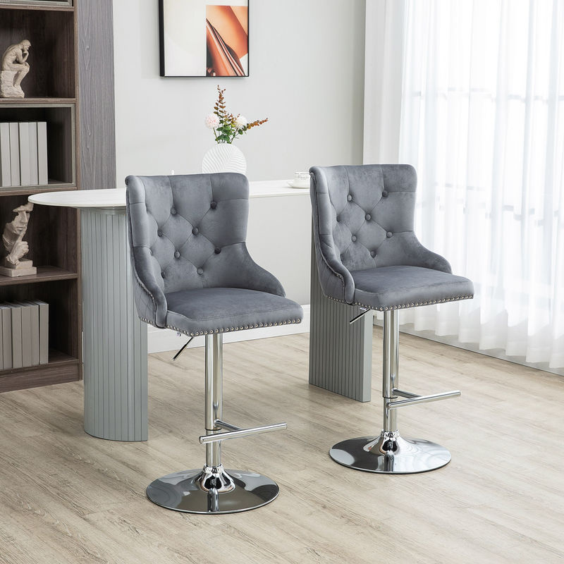 HOMCOM 2er Set Barhocker mit Samt-Optik und Tufting-Design, höhenverstellbare Drehstühle mit Fußstütze für Küche und Bartheke, Hellgrau, B/T/H: 46 x 55 x 102-123 cm - Bild 2