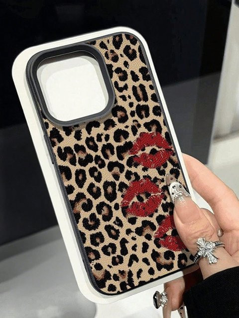 Handyhülle mit Leopardenmuster und Lippenabdruck-Design in Schwarz und Multicolour für Apple iPhone 17, 16, 15 Serien (Plus, Pro, Max) mit Lychee-Textur und Anti-Sturz-Schutz - Bild 1