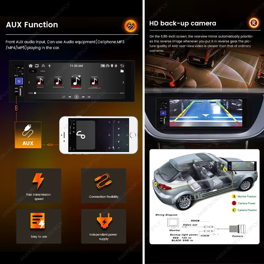 NAVIFLY 1Din Auto-Multimedia-Player mit Android-System, 64GB Speicher, kabelloses Carplay, Bluetooth, GPS und FM Radio in Schwarz - Bild 4