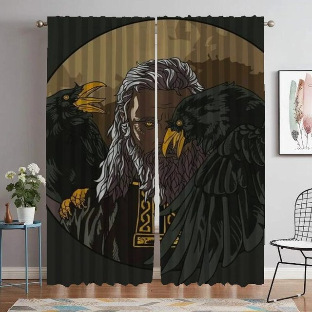 Yiran Furniture Wikinger Odins Raben Muninn Vorhänge aus Tüll, 2 Stück, Schwarz, Breite: 60 cm, Höhe: 90 cm - Bild 1