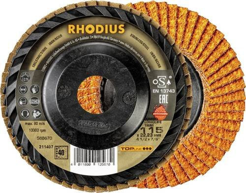 Rhodius TOPline JUMBO LONGLIFE TRIM Fächerschleifscheibe für Edelstahl und Stahl, Farbe: Orange, Durchmesser: 115 mm, Bohrung: 22,23 mm, Körnung: K40, 10 Stück - Bild 1