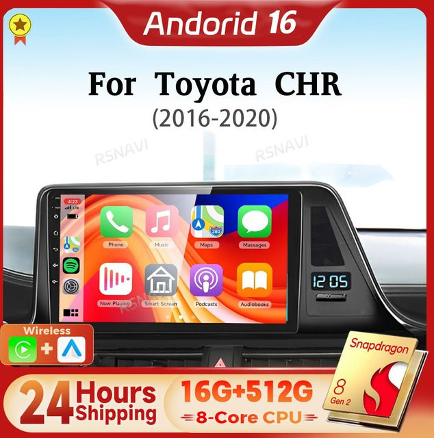 RSNAVI Android 16 Multimedia-Autoradio mit Qualcomm Snapdragon, CarPlay und Android Auto für Toyota C-HR (2016-2019), Schwarz, inklusive GPS und Bluetooth - Bild 1
