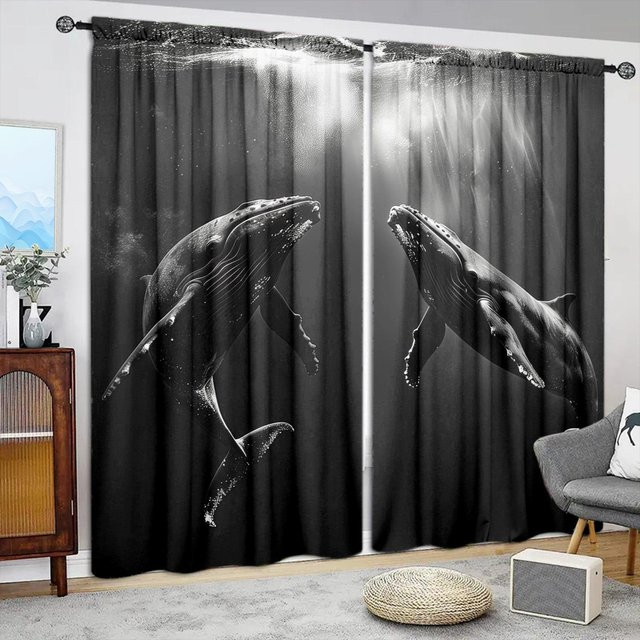 2er-Set Vorhang mit Wal-Druck in Grau, halbtransparentes Fensterdekor aus Polyester, B: 52,5 cm, H: 116 cm - Bild 1