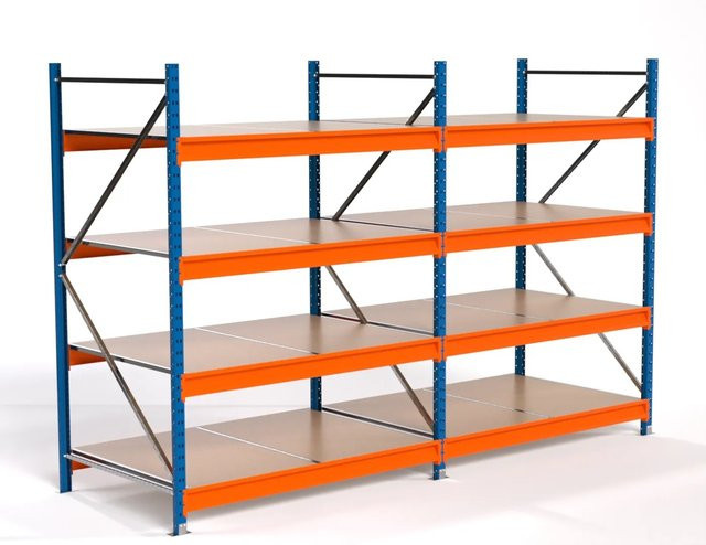 PROREGAL Industrie Weitspannregal MAXIMUS PRO Lagerregal mit 2 Feldern und 4 Spanplatten-Fachböden, Blau/Orange, H x B x T: 200 x 300 x 100 cm - Bild 1