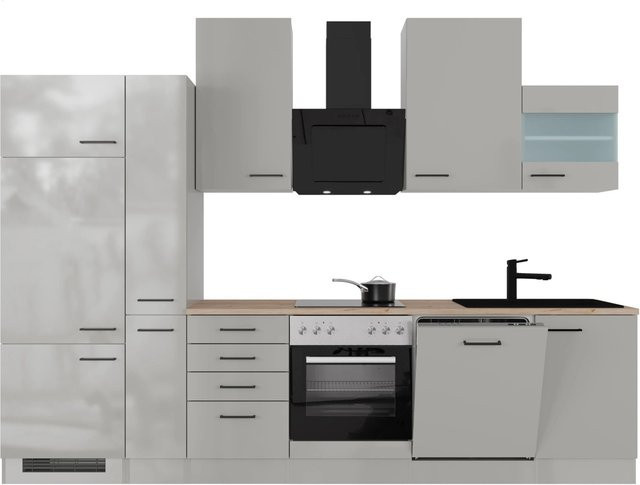 Flex-Well Exclusiv Küchenzeile Lund in Lichtgrau glänzend und Rauchgrau, Breite: 310 cm, Tiefe: 57 cm - Bild 1