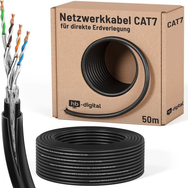 hb-digital CAT 7 Ethernet LAN Erdverlegekabel mit Doppelmantel S/FTP in Schwarz, Länge: 50 m - Bild 1