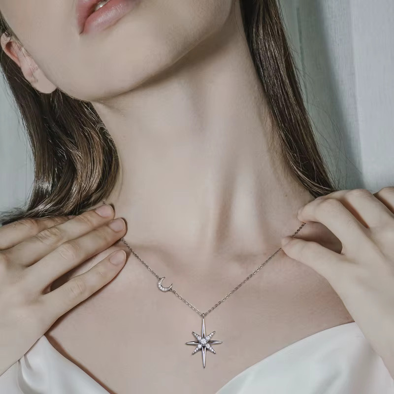 OXTAO Halskette, Stern-Mond-Anhänger, Moissanit, 14 Karat Gold gefüllt, Diamant - Bild 3